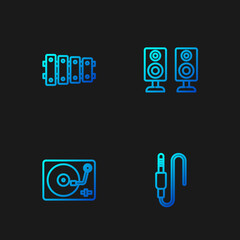 Set line Audio jack, Vinyl player with vinyl disk, Xylophone and Stereo speaker. Gradient color icons. Vector