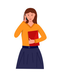 A business girl is talking on the phone and holding a folder with documents in her hands. Vector illustration of an office worker.