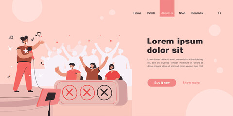 Happy woman singing at TV talent show in front of jury celebrities isolated flat vector illustration. Cartoon performer standing on lighted stage. Television contest and competition concept