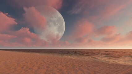 Beautiful seascape sky with pink clouds and moon 3d render