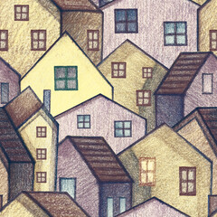 Cityscape with cute hauses. Hand drawing of colored pencils. Seamless pattern.  Illustration.