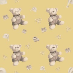 cute pattern on a yellow background with toys and things for kids.