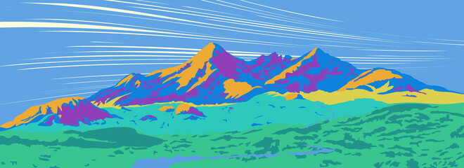 Mountain Landscape, Vector drawing of Cuillin Mountains, on the Isle of Skye in Scotland illustration. Panoramic view. Traveling in the Mountains, climbing.