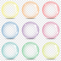 Nine big transparent glass sphere, bubble with a rainbow colors, yellow, orange, red, red-violet, violet, blue, blue-green, green, yellow-green, glares and shadow, on a plaid background.