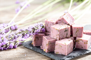Lavender cheese plate with dry lavender flowers