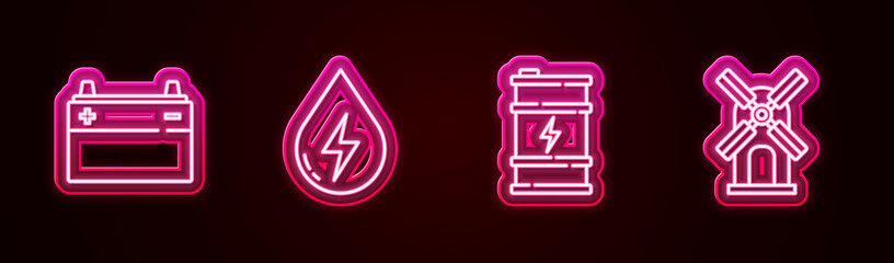 Set line Car battery, Water energy, Bio fuel barrel and Wind turbine. Glowing neon icon. Vector