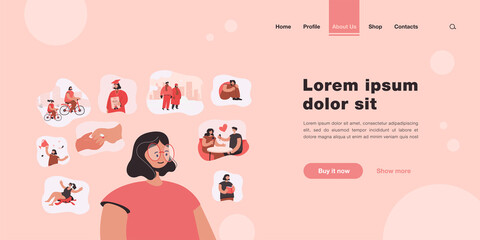 Positive woman remembering happy scenes of her life. Person thinking over her graduation, engagement, win, vacation and other important life memories from past. For psychology, personality concept