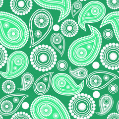 White pattern boteh, buta, paisley on a green background. Seamless pattern for textiles, fabrics, wallpapers, wrapping paper and more for your smart designs.