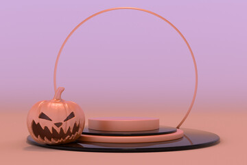 3D pedestal podium on pastel pink background. Halloween pumpkin. Glowing orange Jack on display showcase for product promotion banner template. Spooky abstract 3D render illustration
