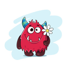 Cute monster with a flowers, congratulation children illustration © cmeree