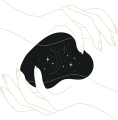 Linear esoteric hands holding cosmos. Ritual magic concept. Hand drawn magic logo. Mystical illustration for tattoo, print, sublimation, sticker and other ideas. 