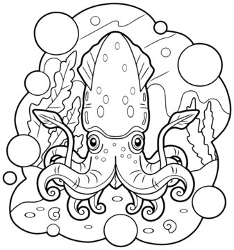 cartoon cute squid, coloring page, funny illustration