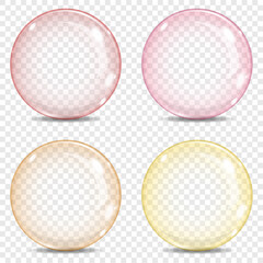 Four Big transparent glass sphere, bubble with a rainbow colors, red, pink, orange, yellow, glares and shadow, on a plaid background.