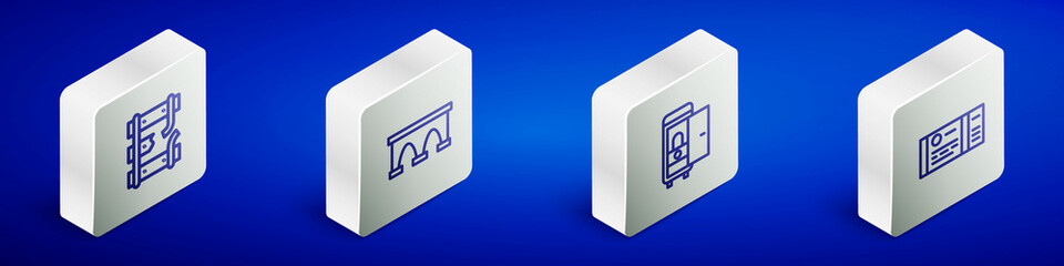 Set Isometric line Broken rails on a railway, Bridge for train, Toilet the car and Train ticket icon. Vector