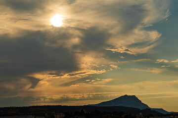 the Sainte Victoire mountain, in the light of a cloudy summer morning