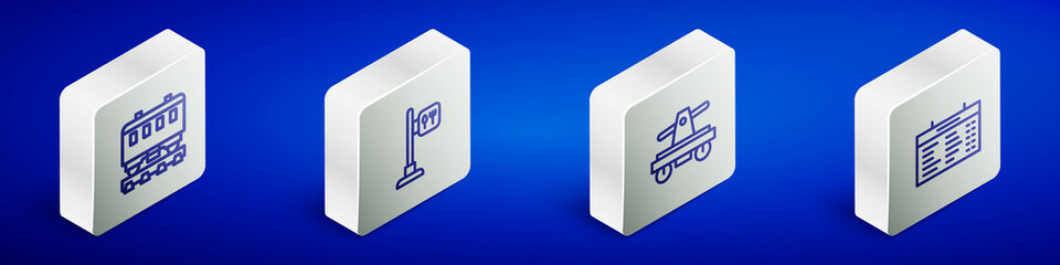 Set Isometric line Passenger train cars, Cafe and restaurant location, Draisine or handcar and Train station board icon. Vector