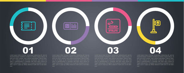 Set line Train ticket, QR code train, Smoking area and Cafe and restaurant location. Business infographic template. Vector