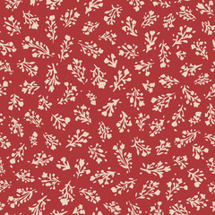 Floral minimal seamless repeat pattern. Random placed, vector botany and dots all over surfacr print on reddish brown background.