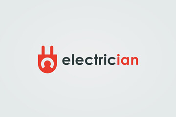 Electrician Logo. Red Plug Icon with Negative Space People Symbol inside isolated on White Background. Flat Vector Logo Design Template Element for Electricity Logos.