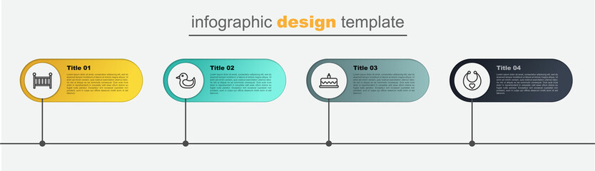 Set line Baby bib, Cake with burning candles, Rubber duck and crib cradle. Business infographic template. Vector