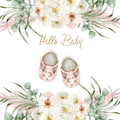 Watercolor illustration card hello baby with floral composition and pink baby shoes. Isolated on white background. Hand drawn clipart. Perfect for card, postcard, tags, invitation, printing, wrapping. - obrazy, fototapety, plakaty