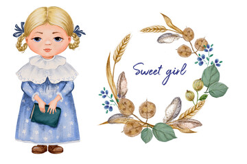Digital illustration. Cute watercolor girl 