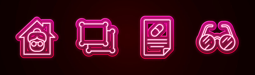 Set line Nursing home, Pillow, Medical prescription and Eyeglasses. Glowing neon icon. Vector