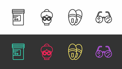 Set line Medicine bottle and pills, Grandmother, Slippers and Eyeglasses on black and white. Vector