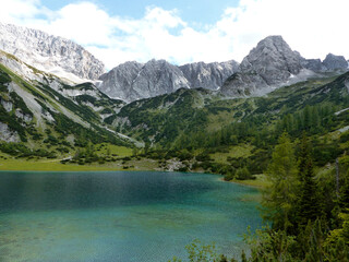 Fototapeta na wymiar Mountain panorama view at lake Seebensee in Tyrol, Austria