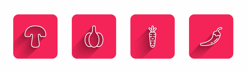 Set line Mushroom, Garlic, Carrot and Hot chili pepper pod with long shadow. Red square button. Vector