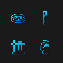 Set line Chemical explosion, Test tube flask stand, Petri dish with bacteria and . Gradient color icons. Vector