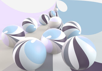 ソフトパープル〜ブルー系のカラフルな曲線の色面に渦巻模様の10個の球のある背景イラスト