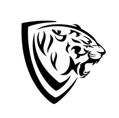 roaring tiger head in simple heraldic shield - black and white vector design for security concept coat of arms