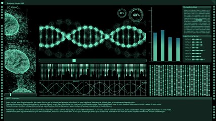 A futuristic technological interface that analyzes human DNA (Deoxyribonucleic acid), displayed patient medical data, genome sequencing, DNA imaging. health care information - Powered by Adobe