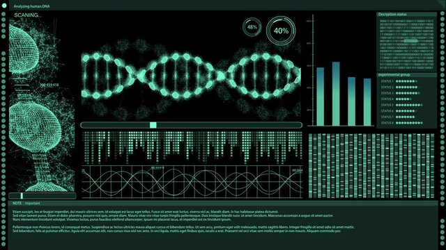 A futuristic technological interface that analyzes human DNA (Deoxyribonucleic acid), displayed patient medical data, genome sequencing, DNA imaging. health care information