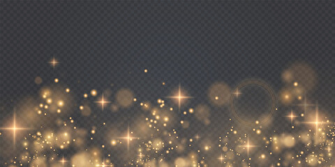 Gold sparkling dust with gold sparkling stars on a transparent background. Glittering texture. Christmas effect for luxury greeting rich card.	
