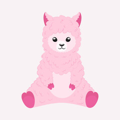 Pink alpaca child illustration. Cute  animals. Cartoon character for a child.
