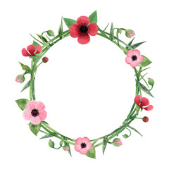 Watercolor botanical wreath with wild flowers. Round frame with pink and red flowers. Illustration for wedding, decoration, invitation.