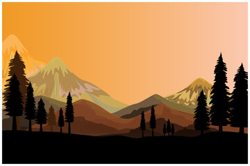 silhouette pine tree and mountain background vector design
