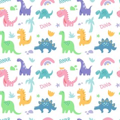 Dinosaurus cute  seamless pattern with rainbow, palm tree, stone, branch isolated on white background. Vector flat illustration. Design for childish textile, fabric, wallpaper, wrapping