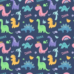 Dinosaurus cute  seamless pattern with rainbow, palm tree, stone, branch isolated on blue background. Vector flat illustration. Design for childish textile, fabric, wallpaper, wrapping