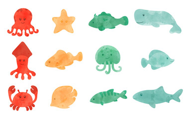 Set cute  colored cartoon marine vector characters for books, children's magazines, games, etc. octopus, crab, jellyfish, starfish, fish, squid, shark, whale