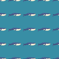 Seamless pattern Blue whale on teal background. Template of cartoon character of ocean for fabric.