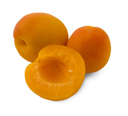 Two red-yellow apricots and one slice of apricot isolated on a white background.Use for posters, labels and web design