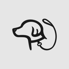 Dog walking service logo in line style on round from leash. Happy puppy training icon. Walk pet symbol in black vector outline illustration. Simple Cartoon animal logotype.