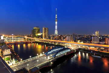 Obraz premium Tokyo, Japan Sumida river and skyline digital signal network for olympic game and business, internet of thing.