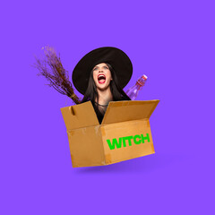 Night of fear. Young woman a witch shouting from cardboard box isolated on purple background. Contemporary art collage