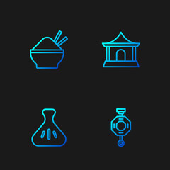 Set line Chinese paper lantern, Dumpling, Rice bowl with chopstick and house. Gradient color icons. Vector