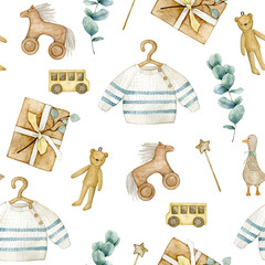 Watercolor seamless pattern with baby sweater, wood toys, eucalyptus. Isolated on white background. Hand drawn clipart. Perfect for card, postcard, tags, invitation, printing, wrapping, fabric.