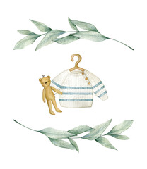Watercolor illustration card with baby sweater, toy bear and eucalyptus. Isolated on white background. Hand drawn clipart. Perfect for card, postcard, tags, invitation, printing, wrapping.